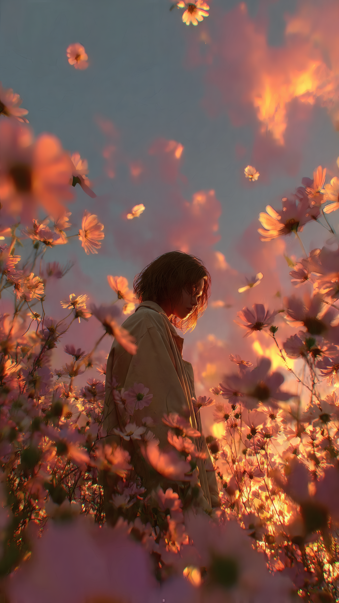 Woman in Field of Flowers at Sunset