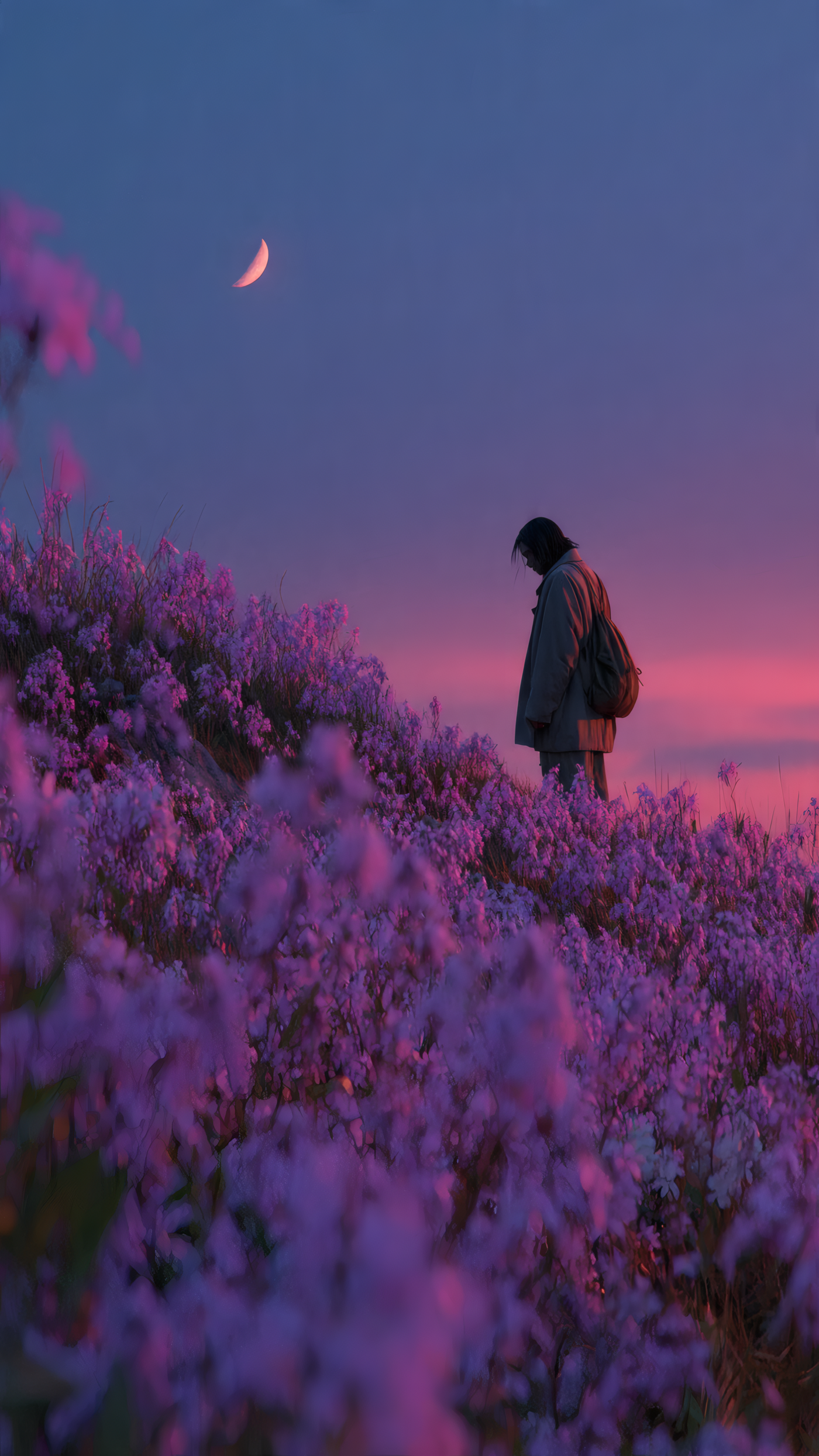 Person in Flower Field at Sunset