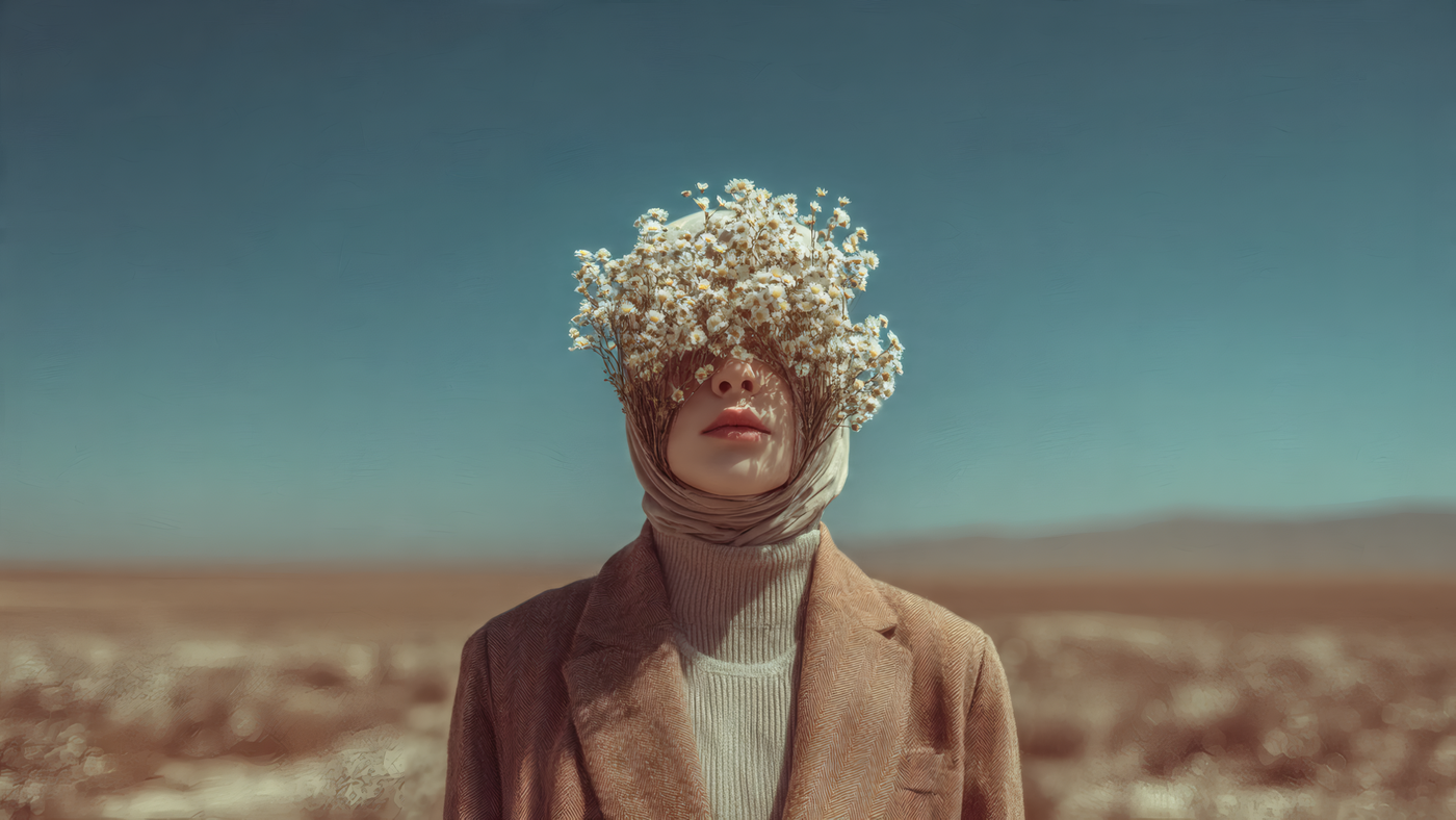 Woman with Face Covered in White Flowers