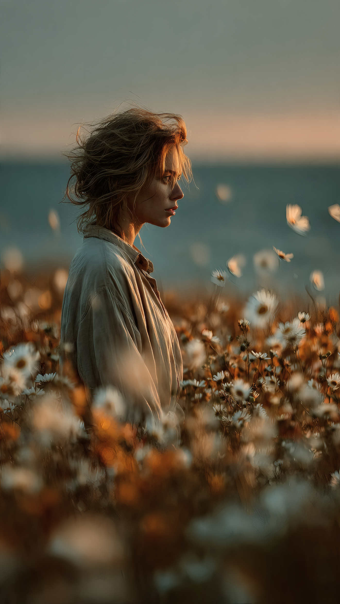 Woman in Field of Flowers at Sunset