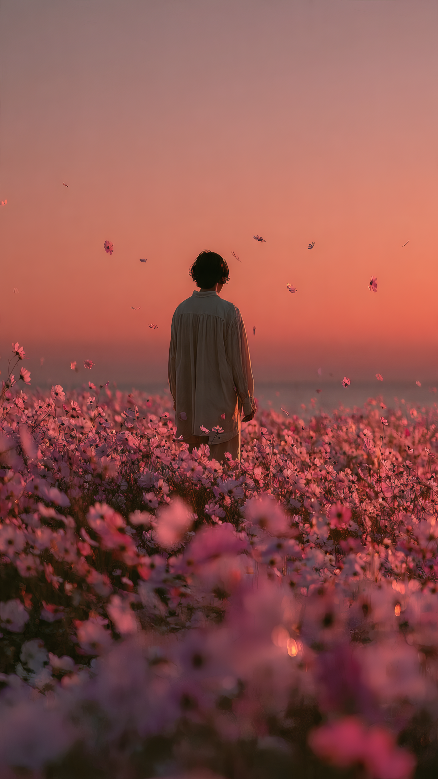 Person in Field of Pink Flowers at Sunset