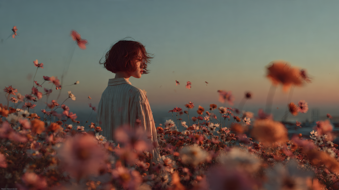 Woman in Field of Flowers at Sunset