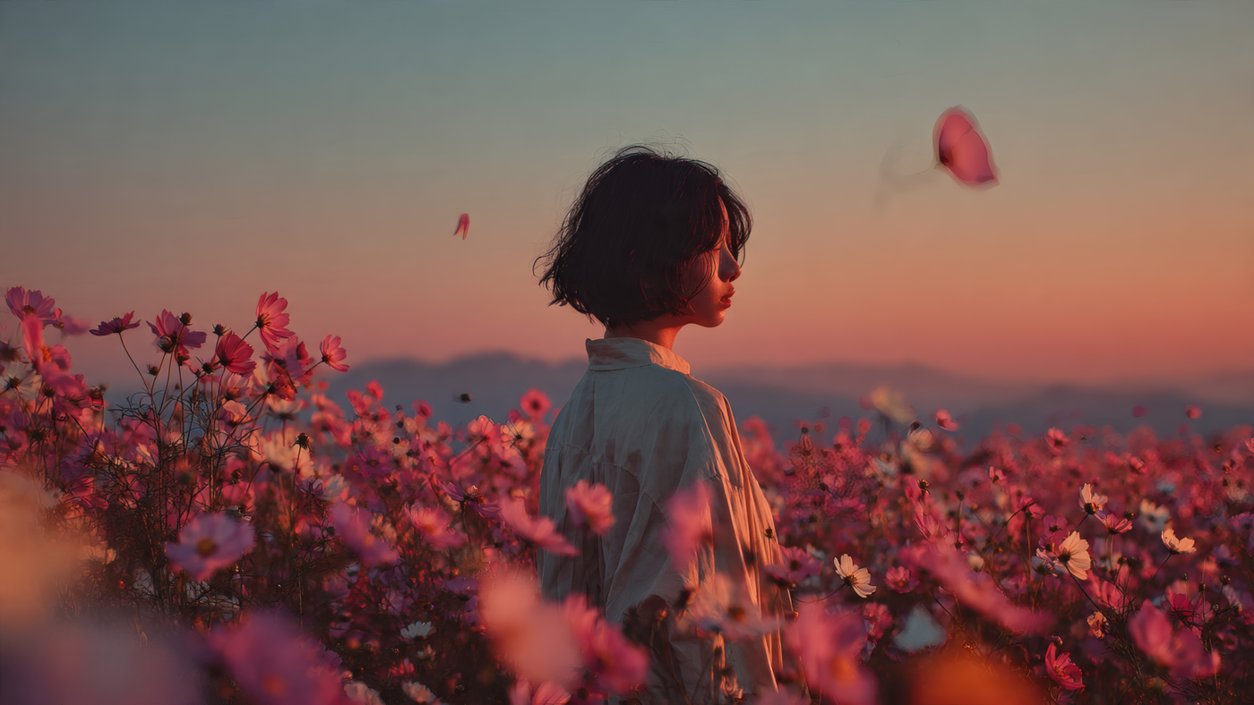 Woman Standing in Cosmos Flower Field at Sunset