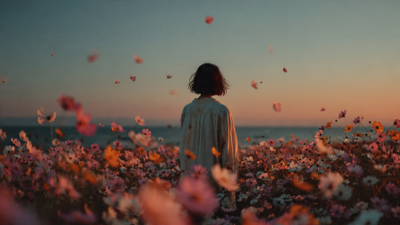 Woman in Flower Field at Sunset