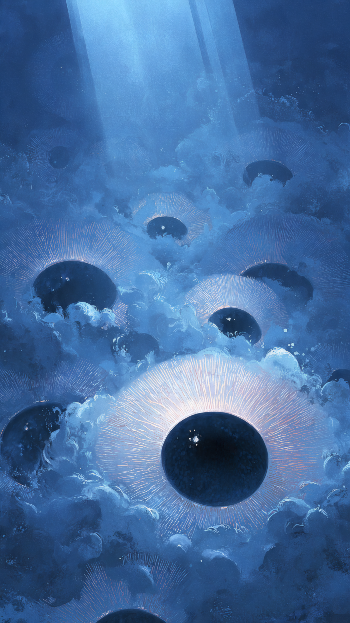 Abstract Orbs in Blue Clouds 4K Wallpaper