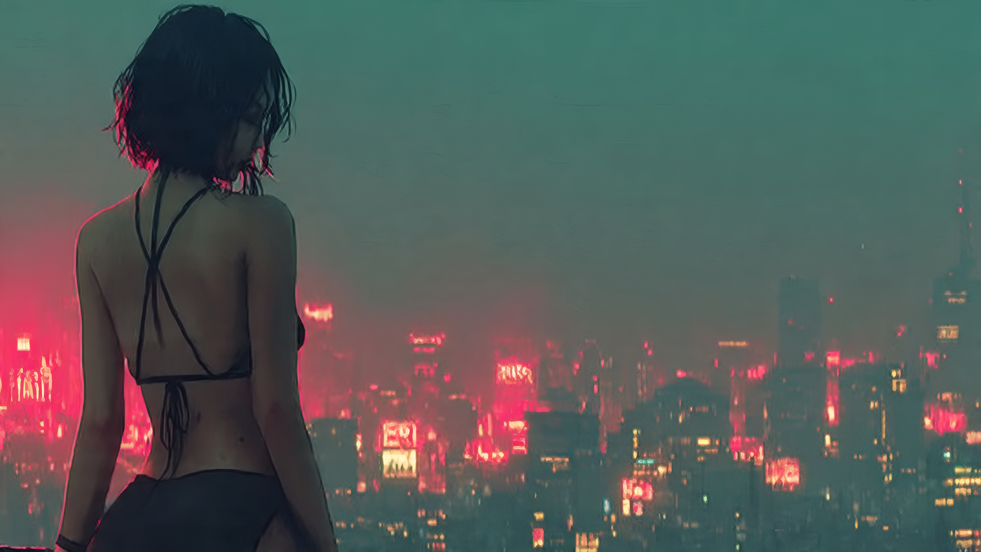 Cityscape View with Female Figure Wallpaper