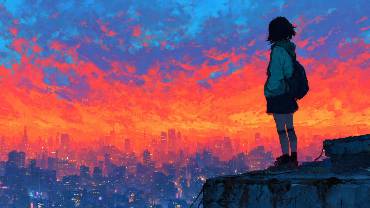Anime Girl on Rooftop at Sunset