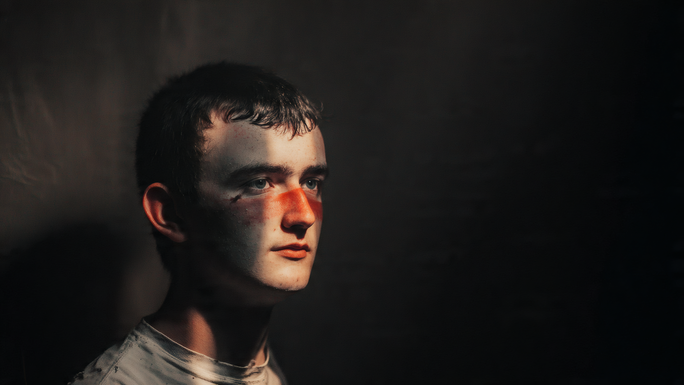 Man Portrait with Red Face Paint