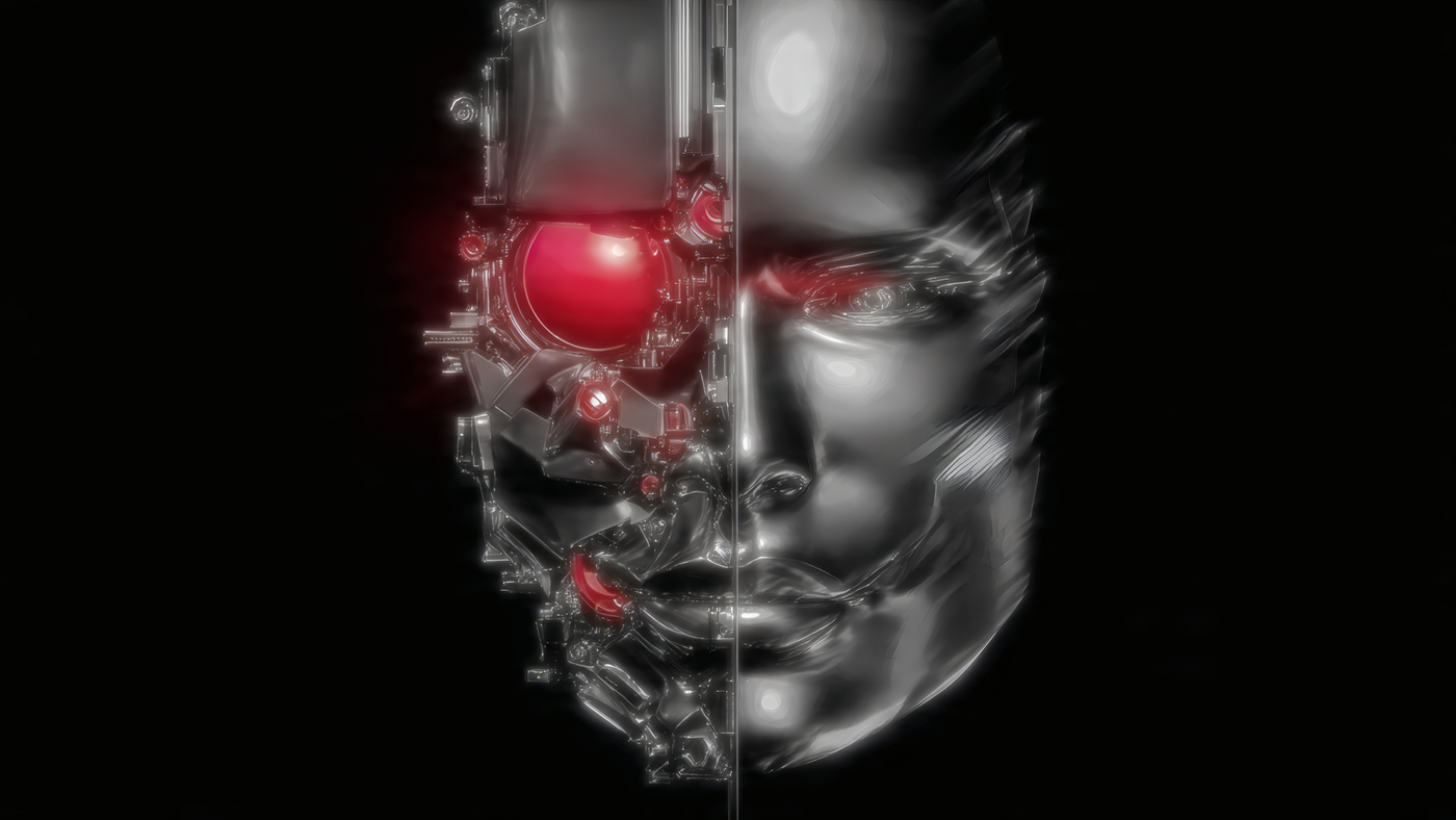 Cyborg Face with Red Eye on Black