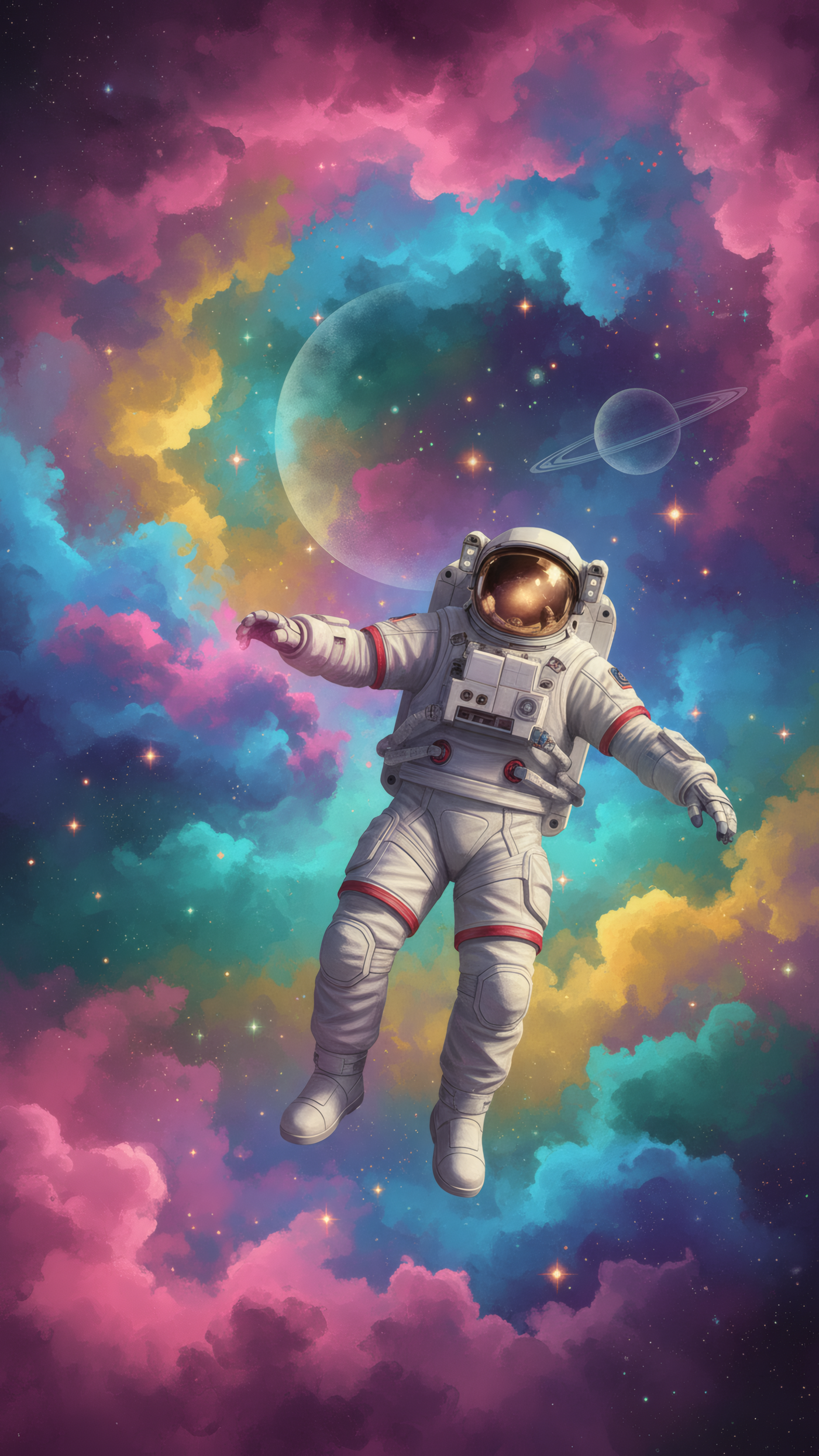 Astronaut Floating in Colorful Nebula