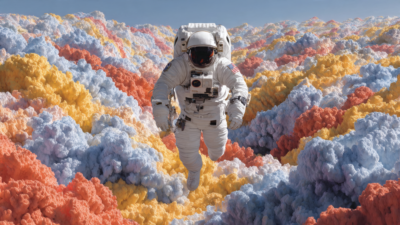 Astronaut Floating Above Colorful Cloudscape