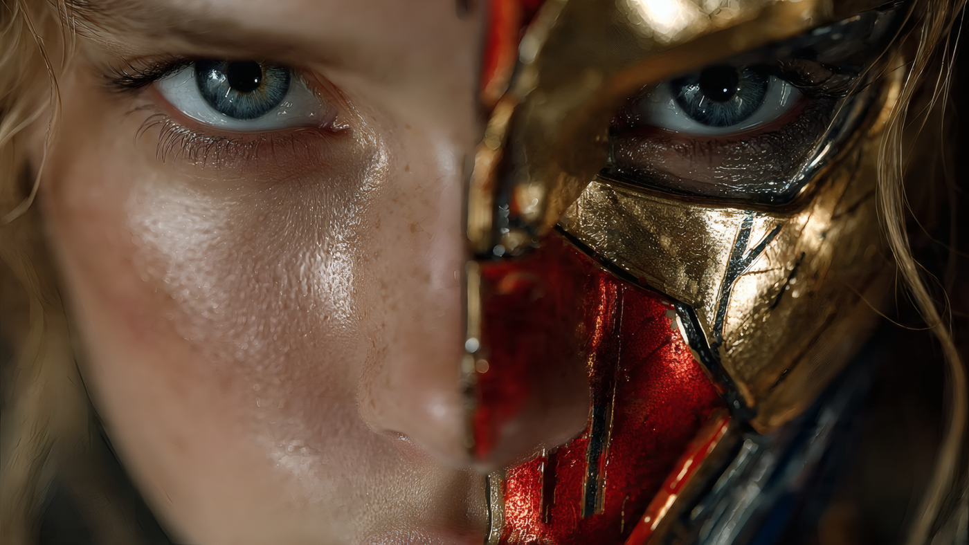 Half Human Face and Futuristic Mask