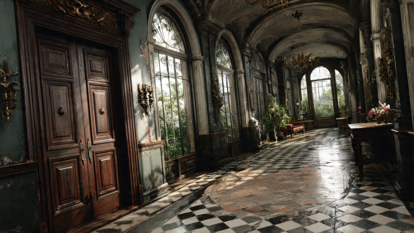 Ornate Grand Hallway with Checkerboard Floor