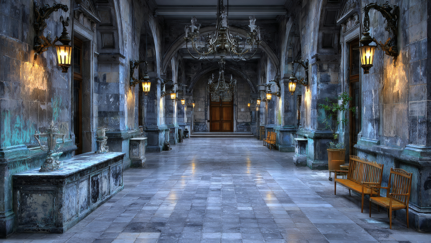 Ornate Hall with Chandeliers and Lamps
