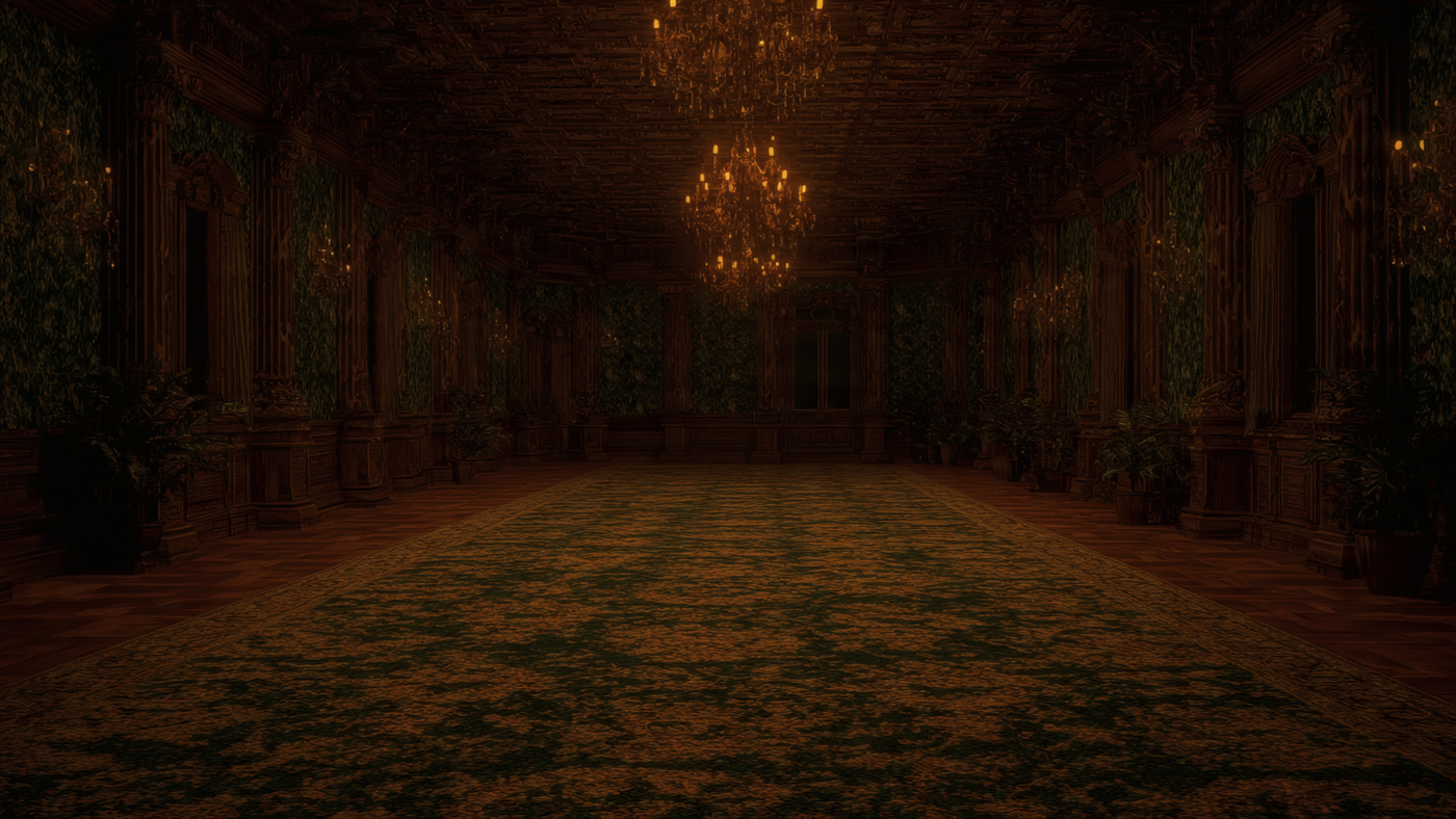 Ornate Hall with Chandeliers and Carpet