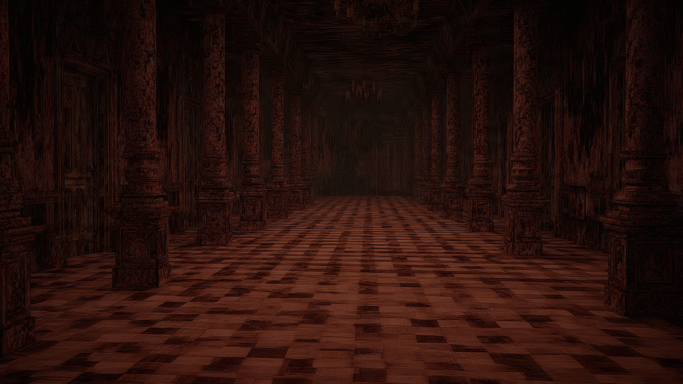 Dimly Lit Hallway with Columns and Checkered Floor