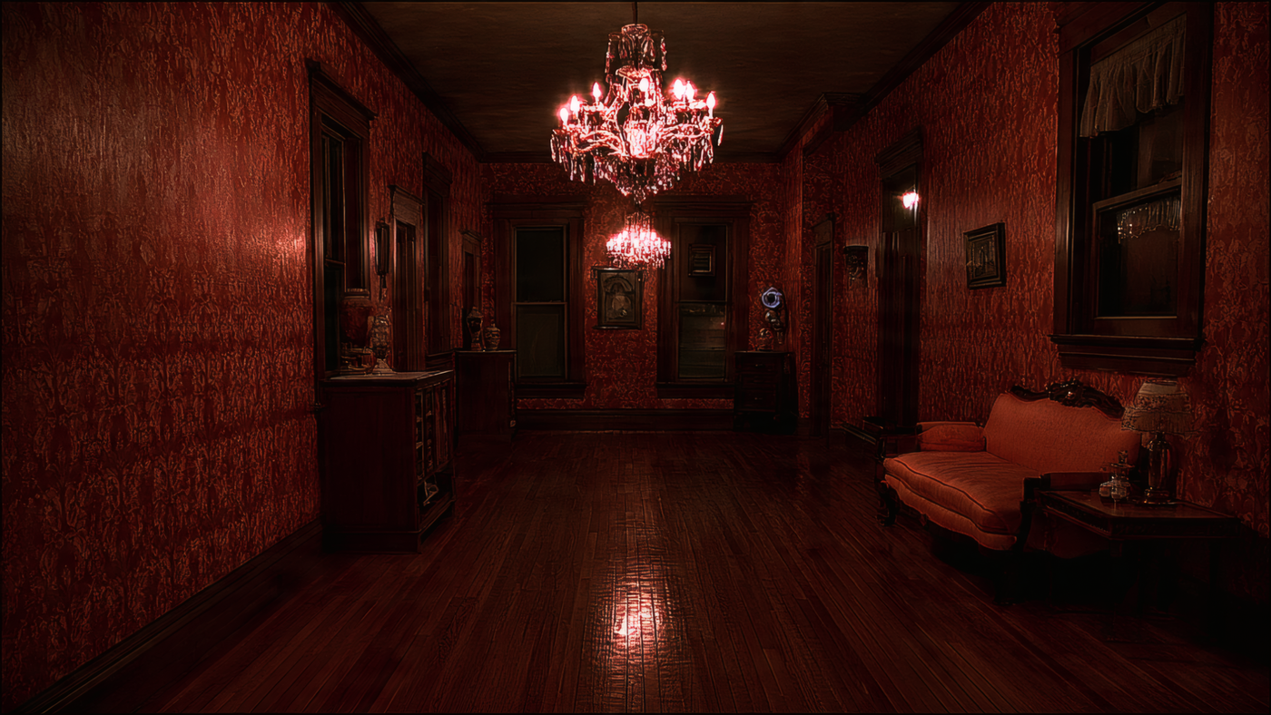 Elegant Room with Red Wallpaper and Chandeliers