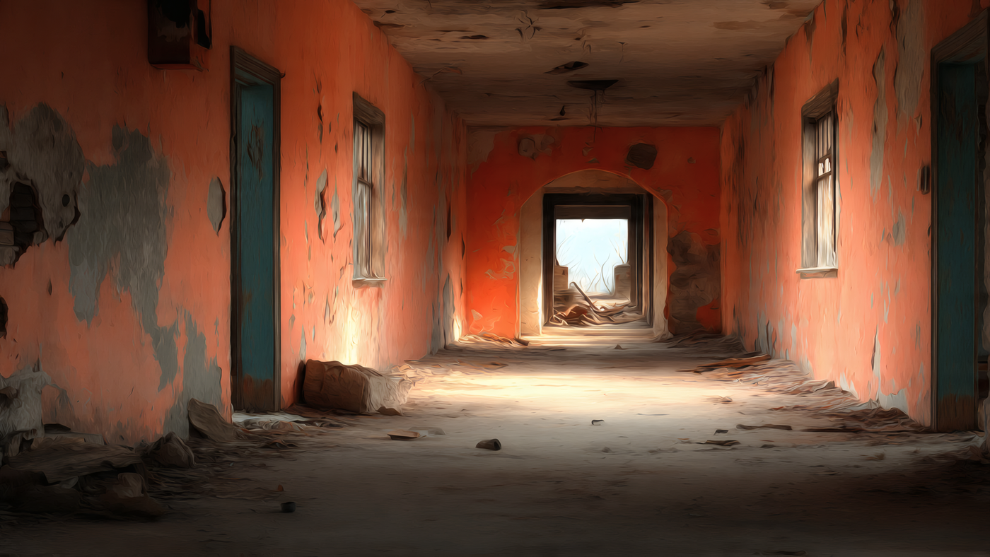 Abandoned Hallway with Archway and Sunlight