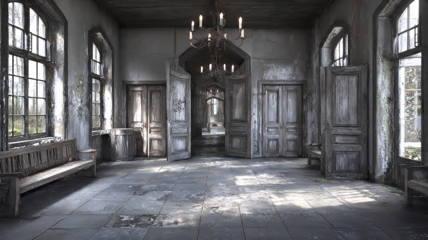 Abandoned Building Interior with Chandelier
