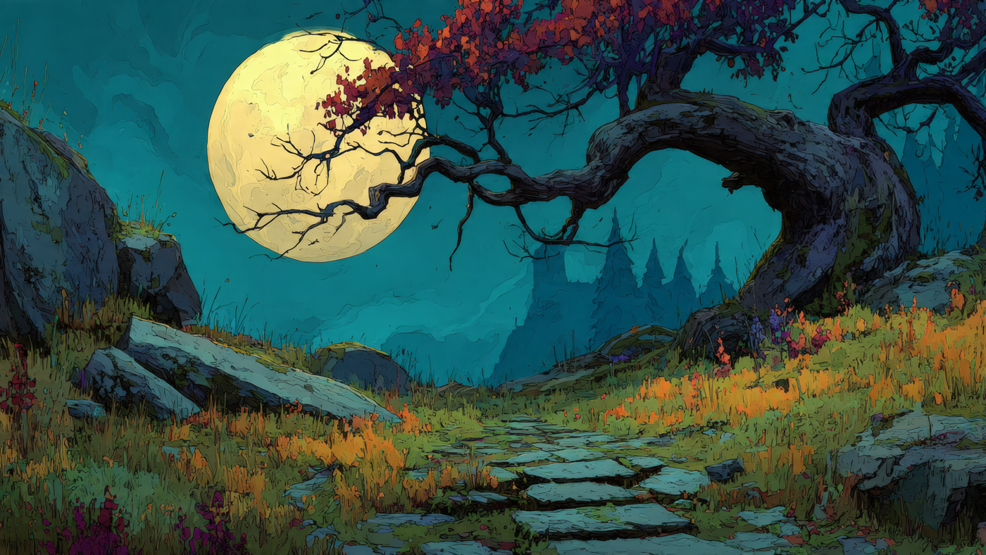 Fantasy Landscape with Moon and Tree