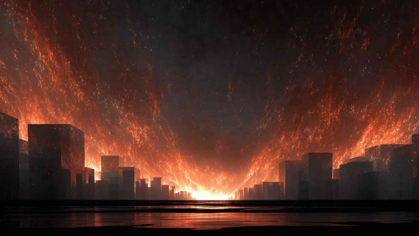 Fiery Sky over Cityscape Abstract Art