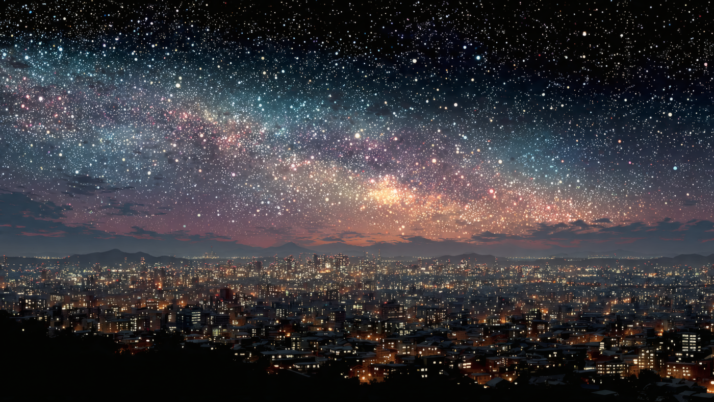 City Lights and Starry Night Sky