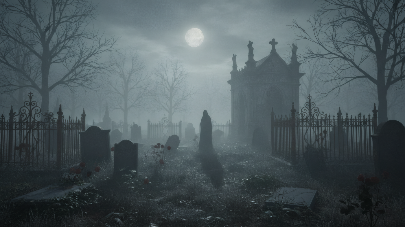 Foggy Graveyard with Moon and Tombstones