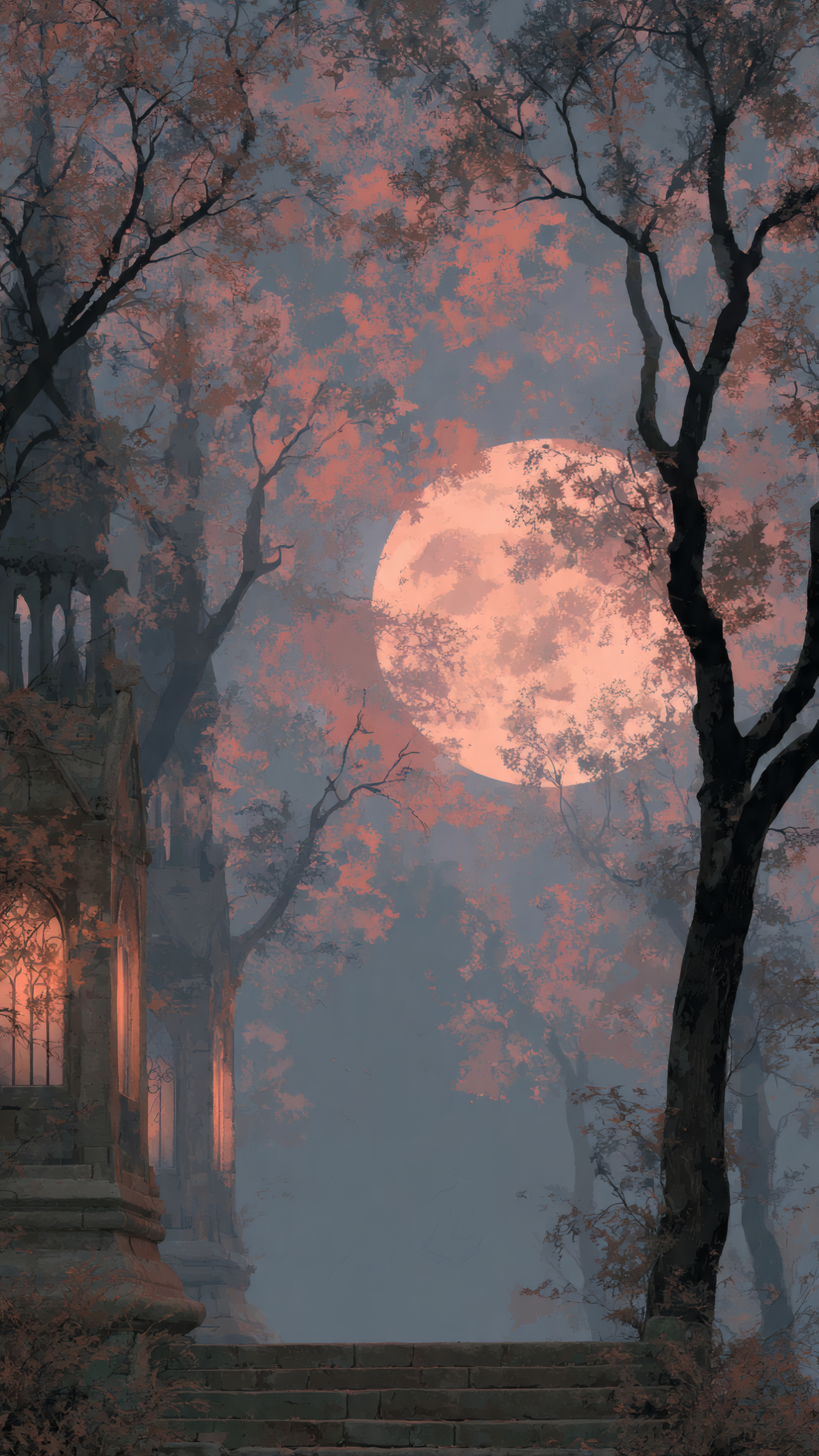 Mystical Building Under Moonlight Trees