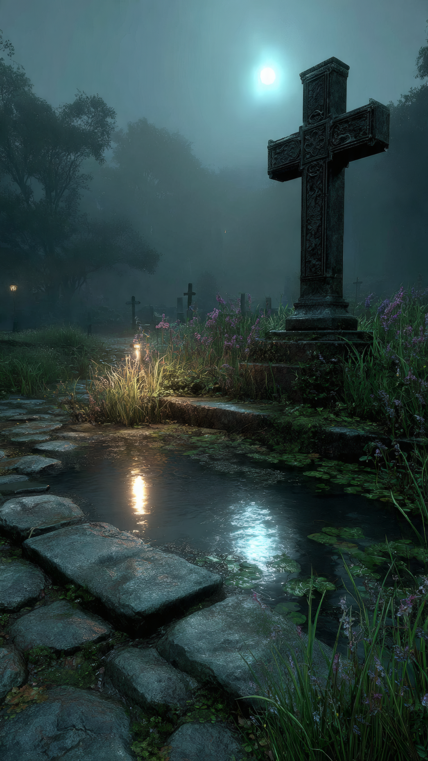 Moody Graveyard with Stone Cross Under Moonlight