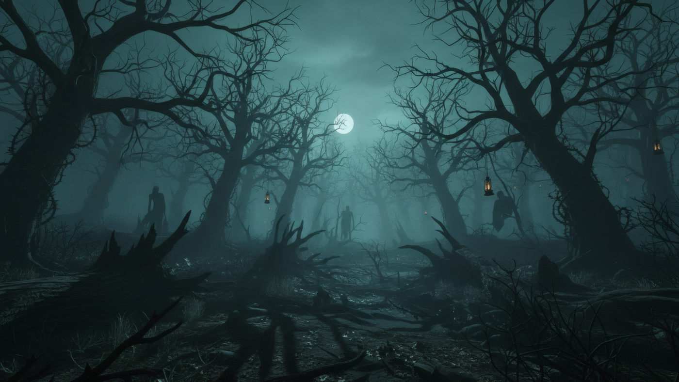 Spooky Dark Forest with Silhouettes and Moon