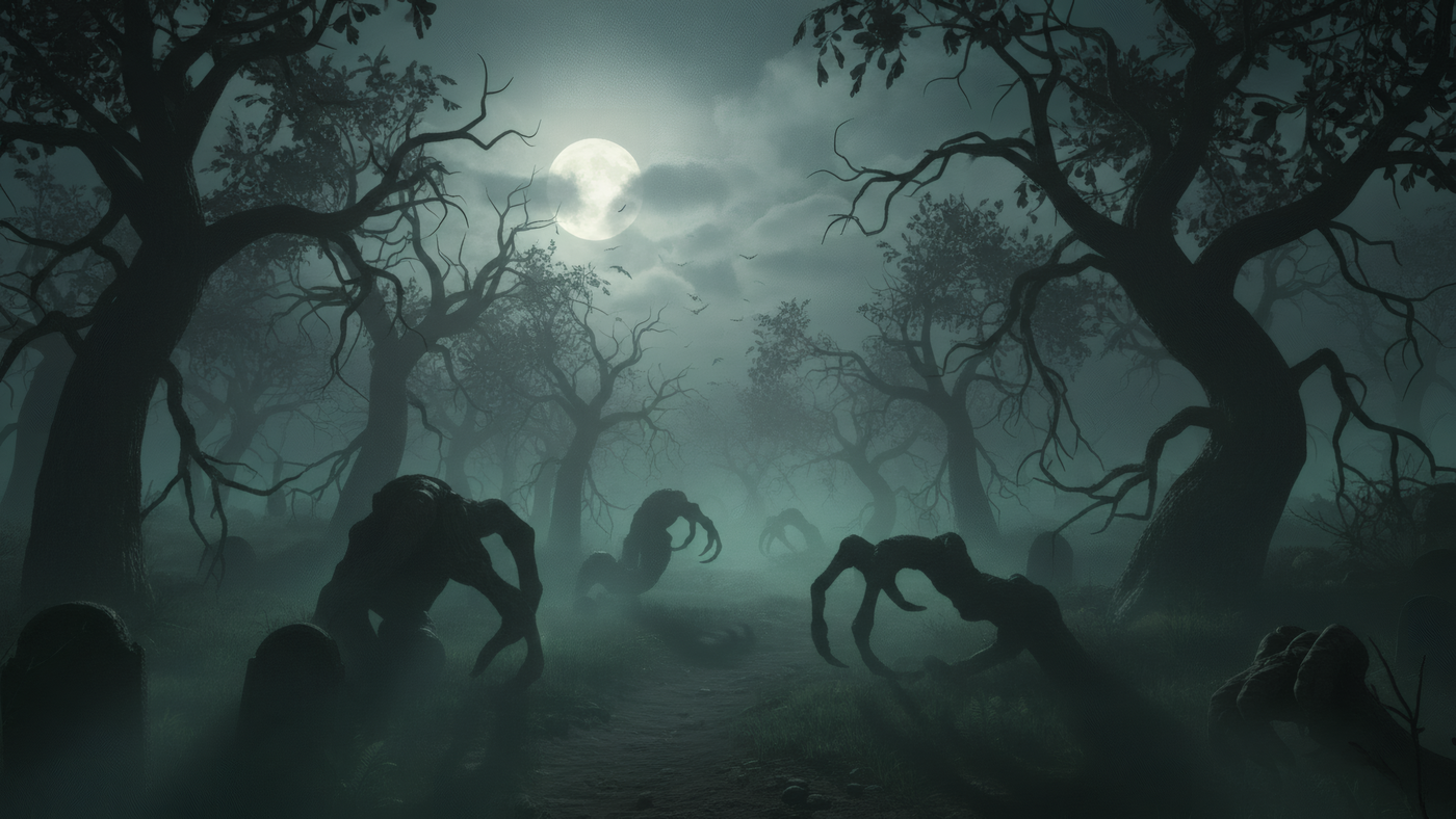 Spooky Forest with Monsters Under Moonlight