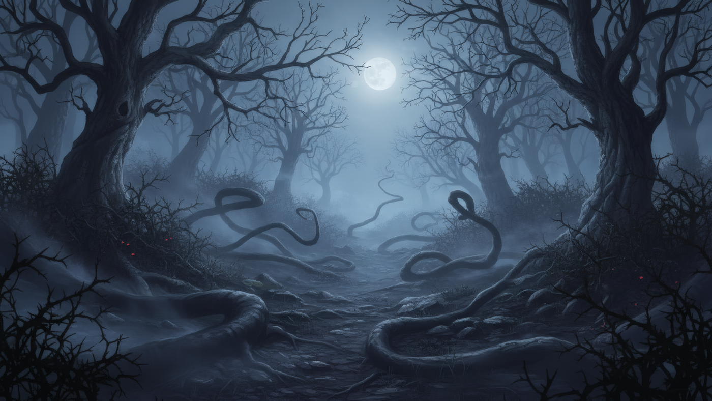 Eerie Forest with Moon and Strange Vines
