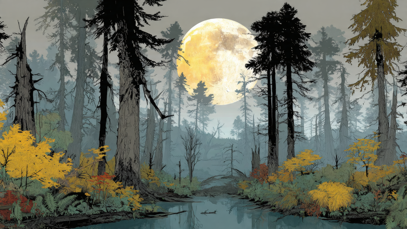 Full Moon over Misty Forest Illustration