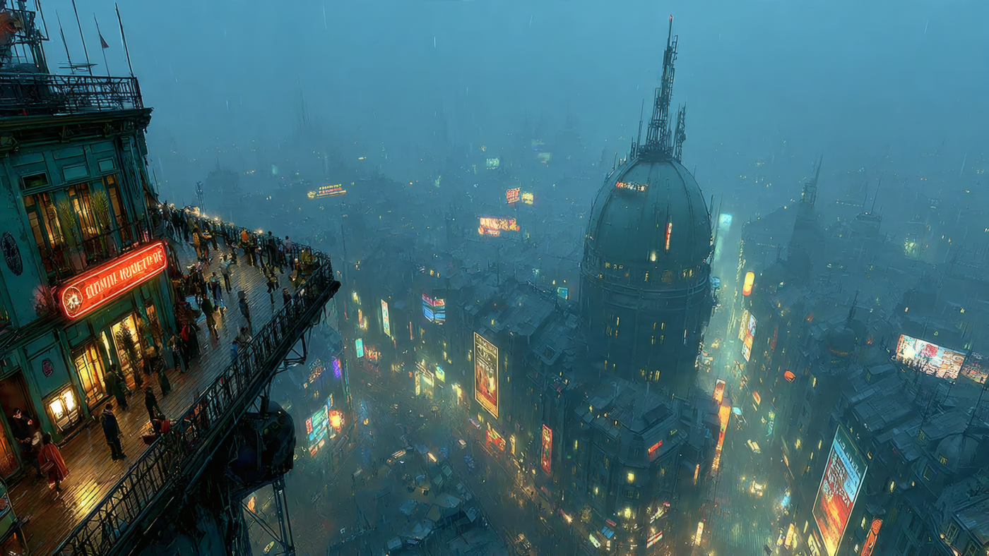 Futuristic Cityscape at Night with Crowds