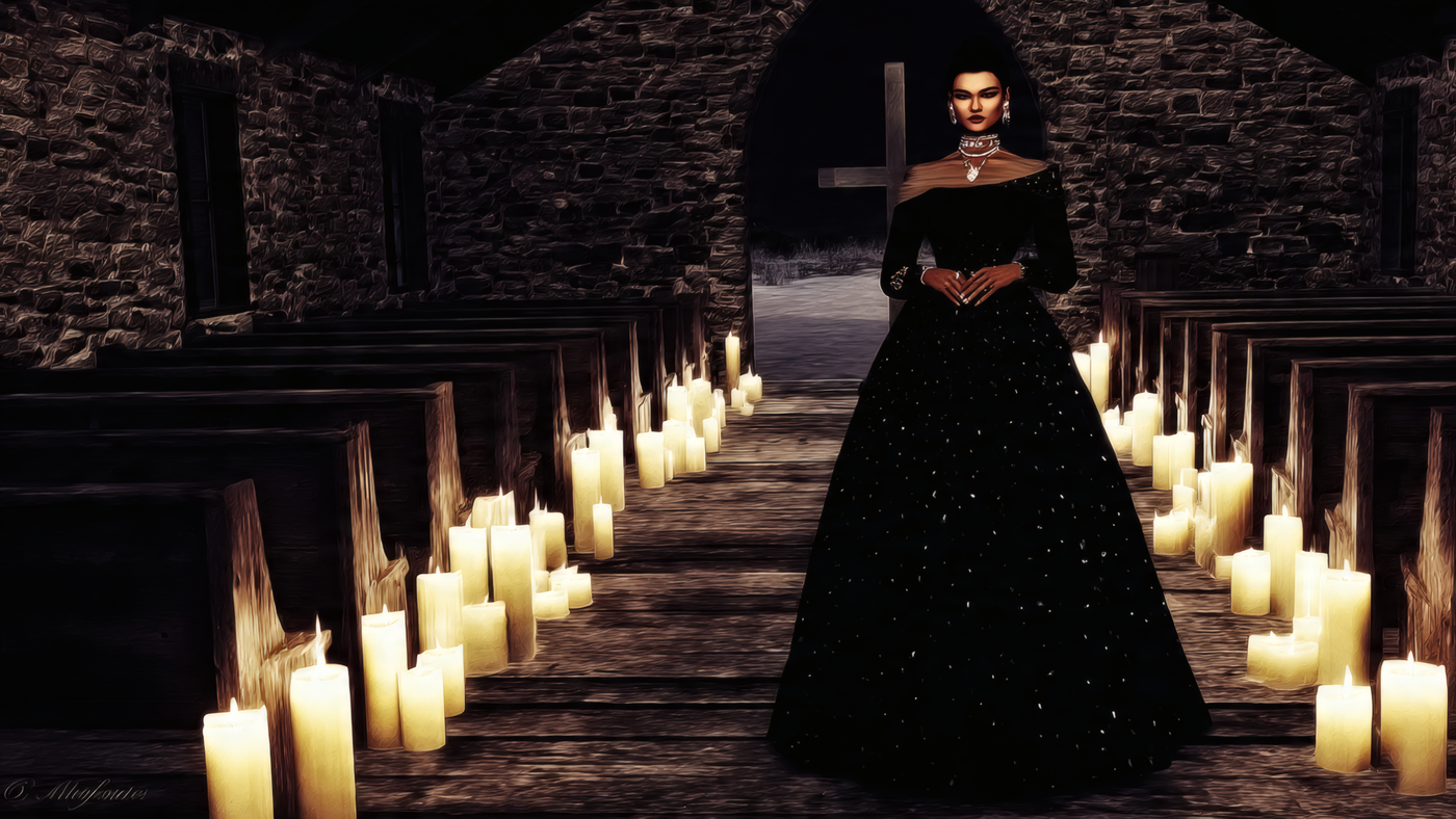 Woman in Gown Amidst Candles in Church