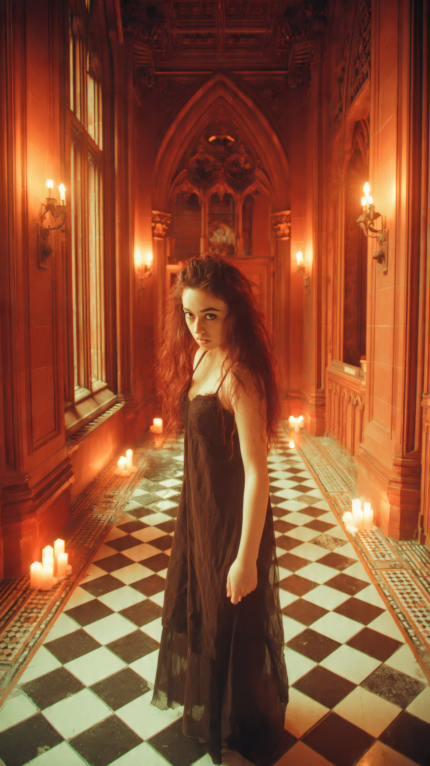 Gothic Woman in Castle Hallway with Candles