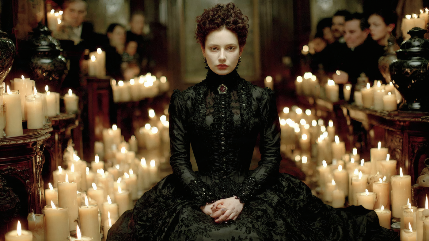 Woman in Victorian Black Dress Surrounded by Candles