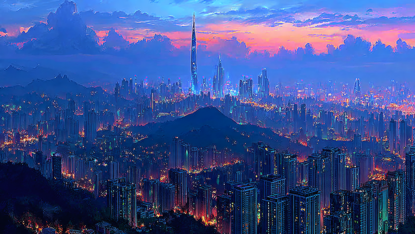 Futuristic Cityscape at Dusk Painting