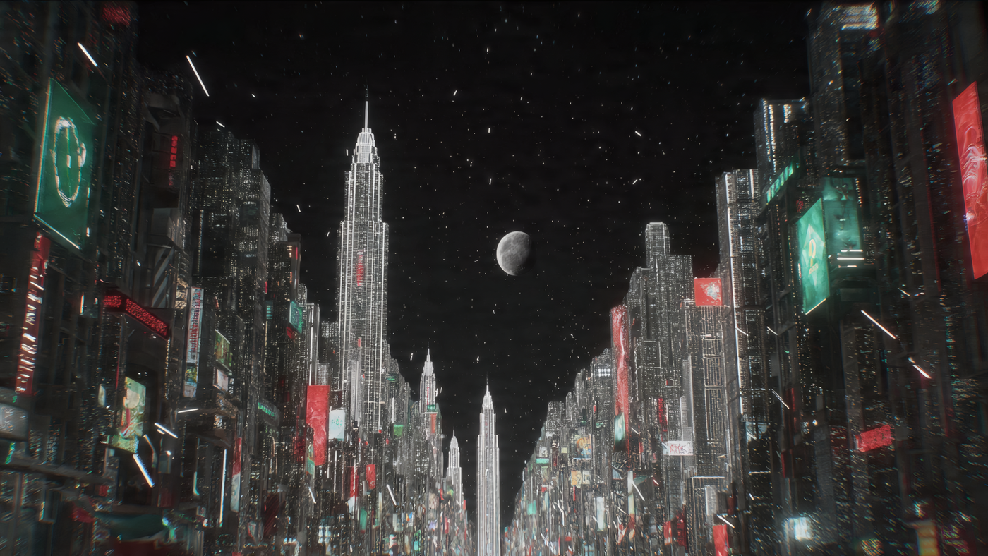 Cyberpunk Cityscape with Moon and Skyscrapers