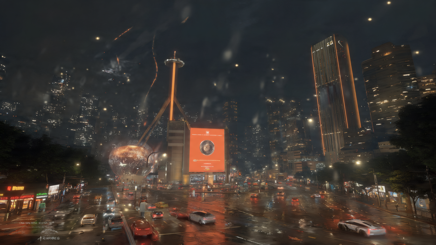 Futuristic Cityscape with Traffic and Skyscrapers