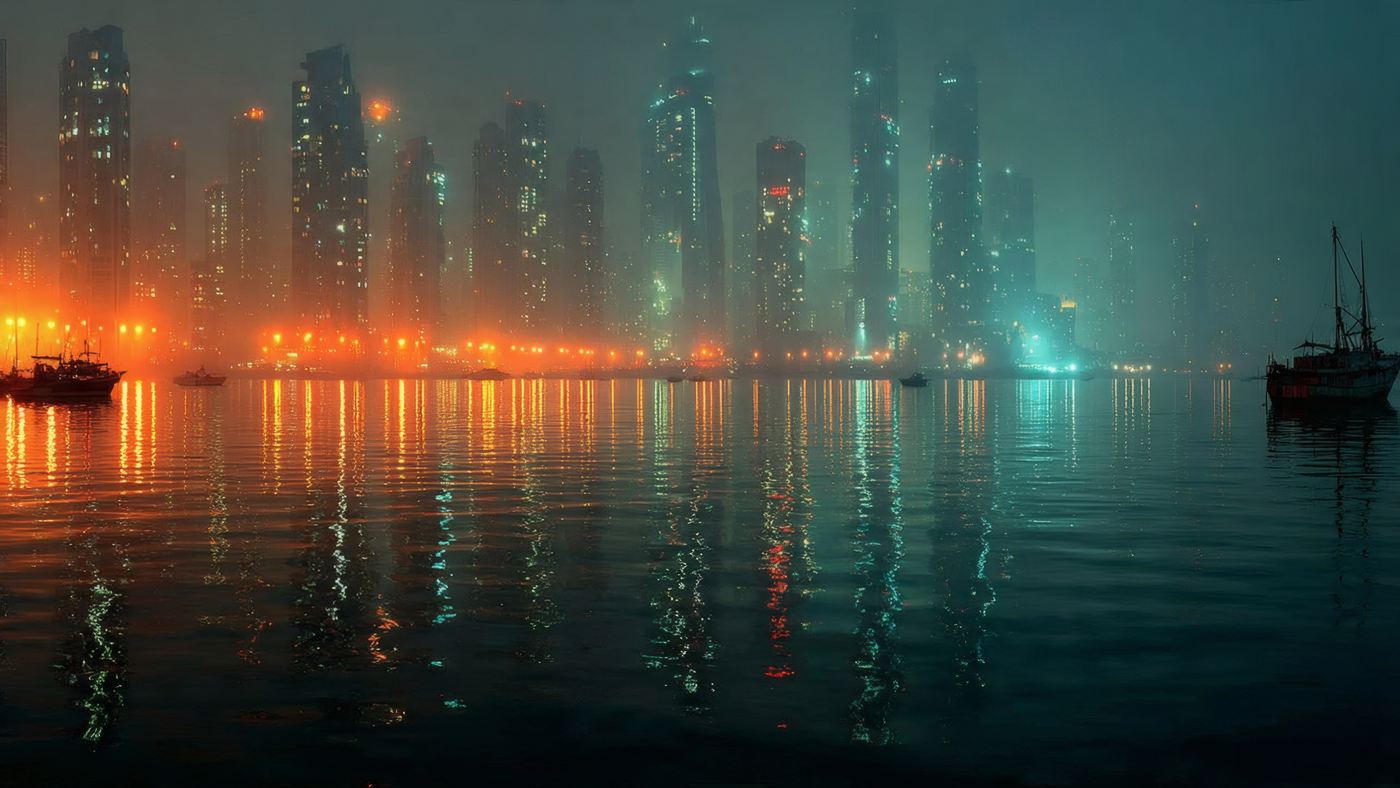 Cityscape at Night with Reflections in Water