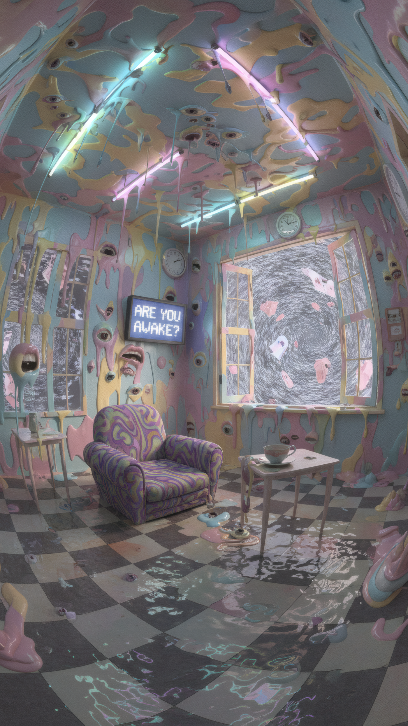 Surreal Melted Room with Many Eyes