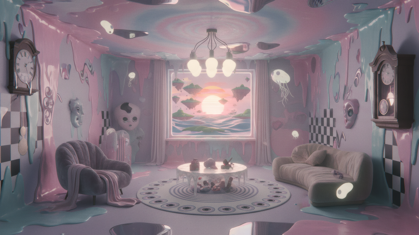 Surreal Melting Room with Floating Islands