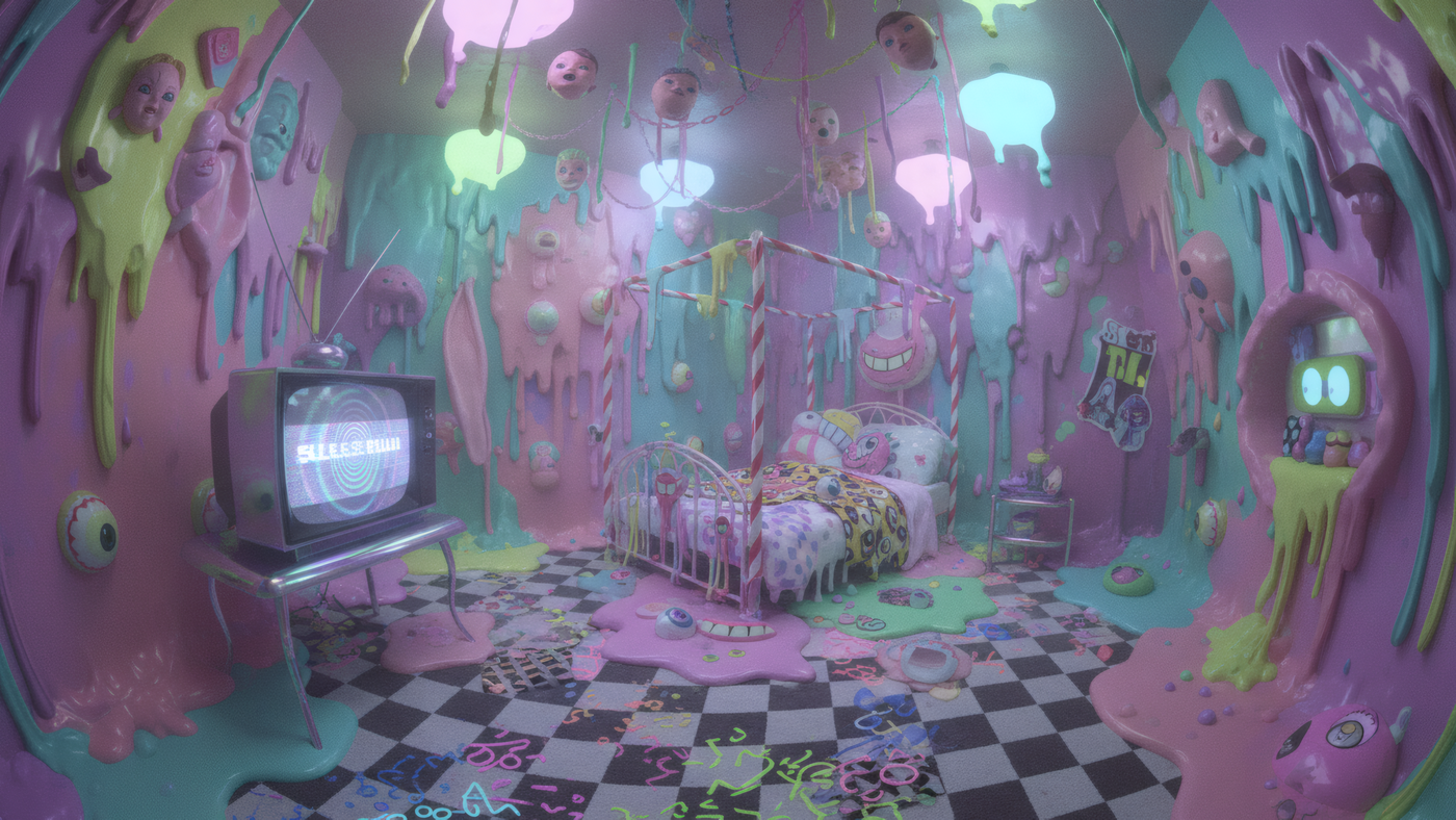 Surreal Cartoon Room with Bed and Tv