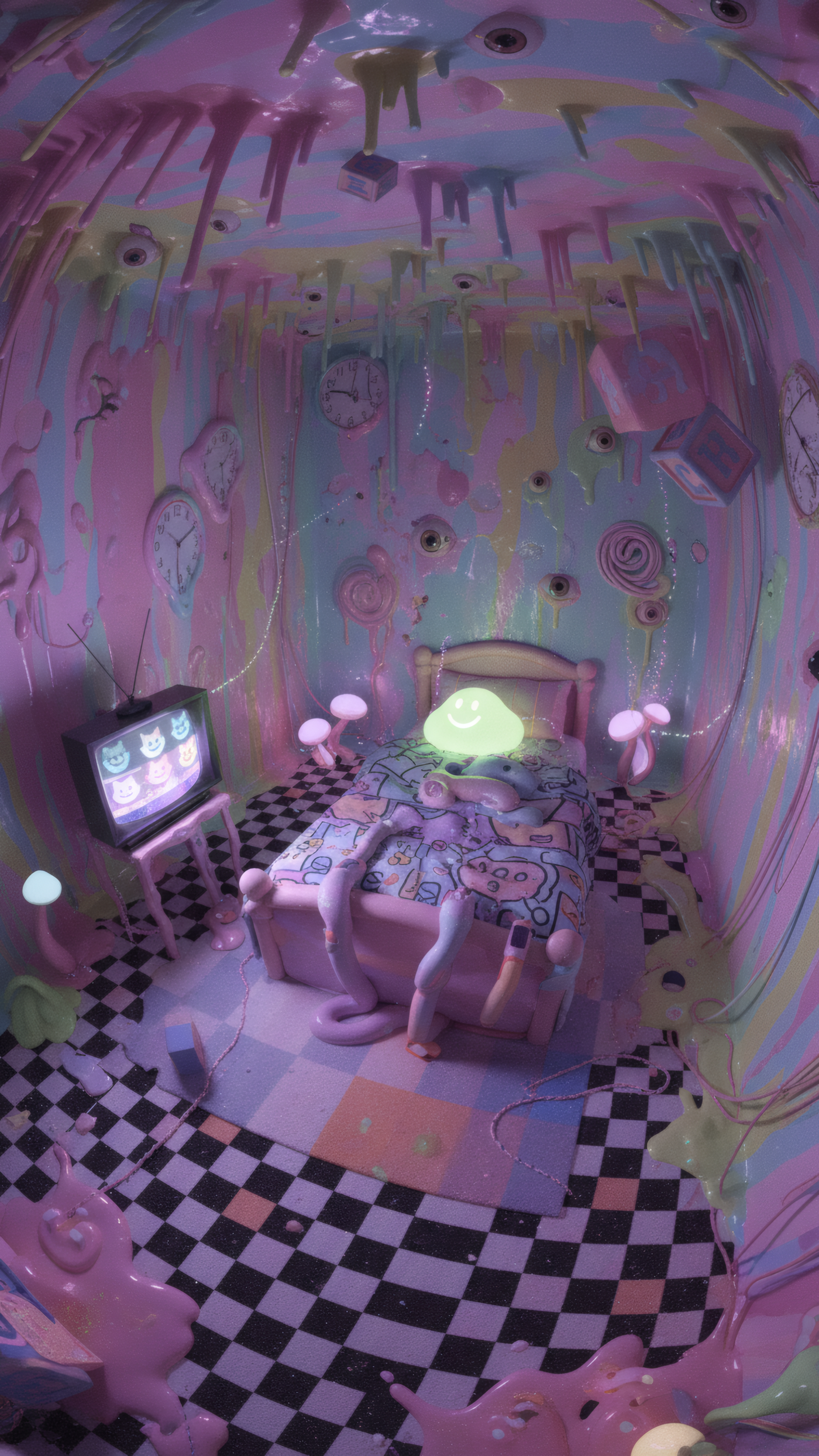 Surreal Pastel Bedroom with Dripping Paint Wallpaper