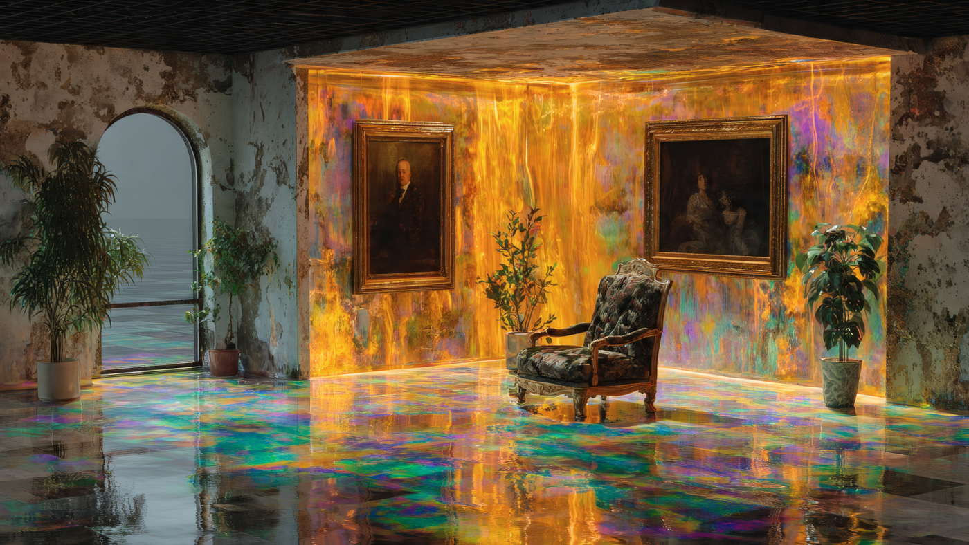 Surreal Room with Portraits and Antique Chair