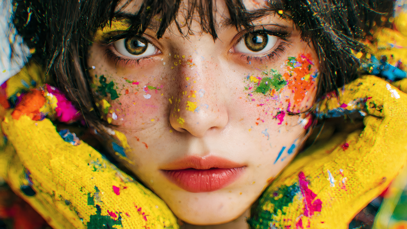 Woman with Colorful Paint Splattered on Face