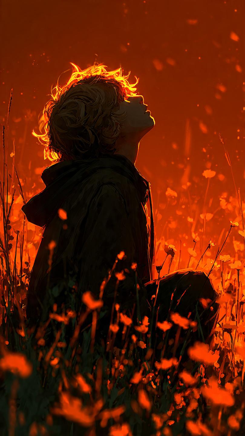 Person Gazing Upwards in Flower Field