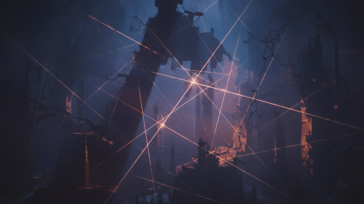 Dark Ruined City with Laser Beams