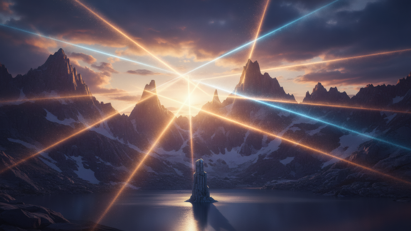 Majestic Mountain Landscape with Glowing Beams